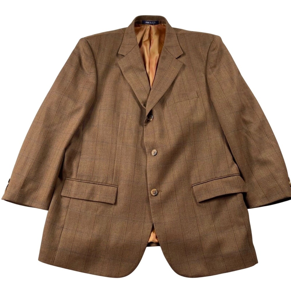 Alan Flusser Sport Coat 44R Brown Worsted Wool Three Button Herringbone Plaid